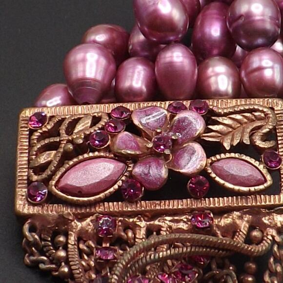 Pink Faux Pearl Floral Rhinestone Bracelet, Six Rows Glass Pearls, 7 Inches - Picture 11 of 14